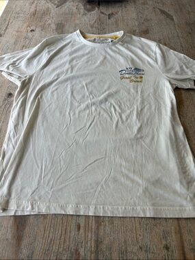 Denim & Flower Cream Crewneck Tee with Small Chest Graphic in Blue and Gold